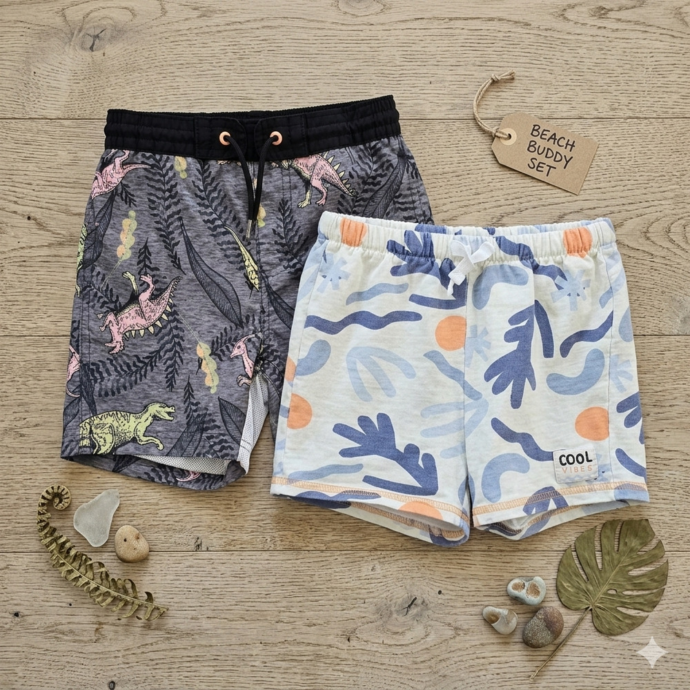 ​Boys Size 6-7 Short Bundle Old Navy Dino Swim Trunks/ Lily Jack Abstract Cotton